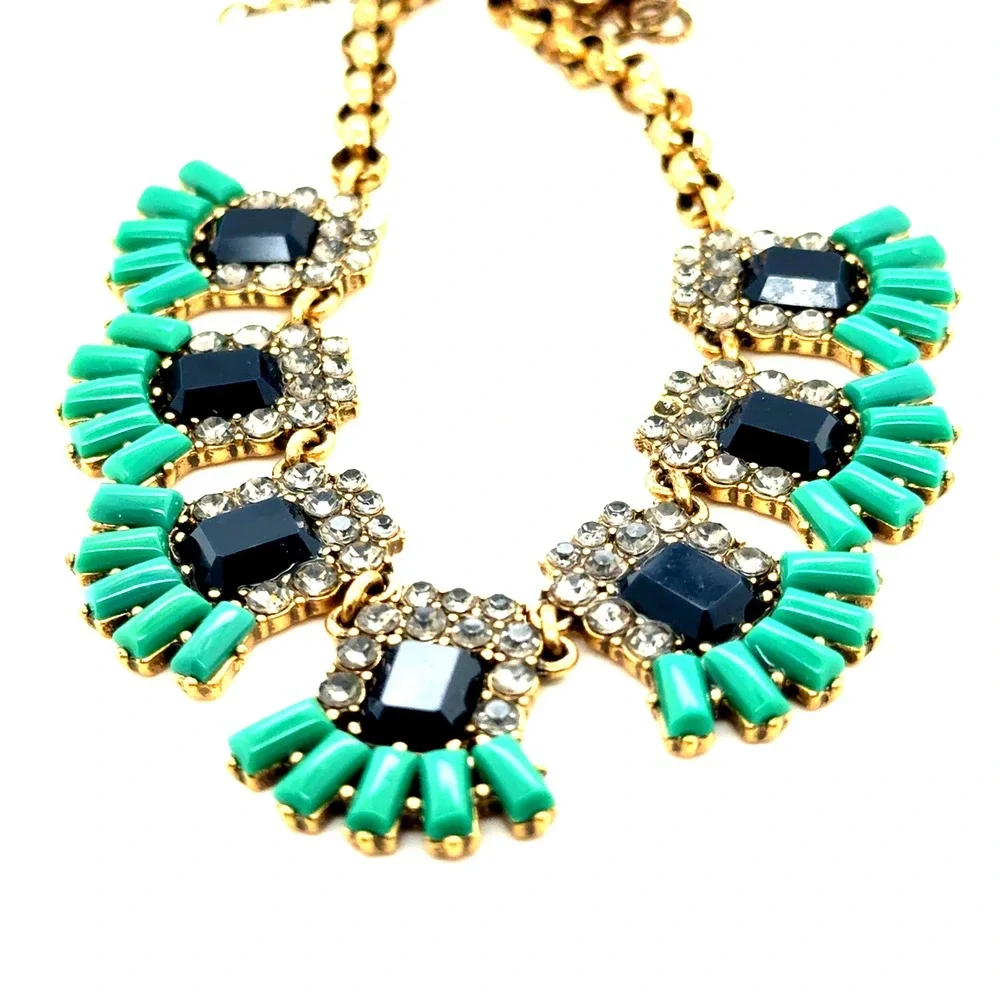 J.Crew Teal Navy Blue Statement Necklace Gold Tone Rhinestone Geometric Bib